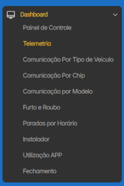 Dashboard de Telemetria alterações em alertas 1 Para utilizar o novo recurso, acesse o submenu “Dashboard” e clique em “Telemetria”, assim como demonstrado na imagem: