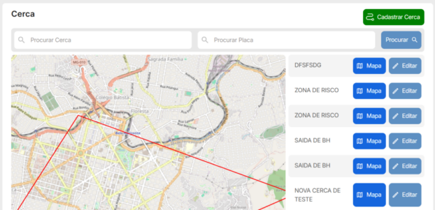 Na tela, você vai visualizar as opções de “Cadastrar cerca”, "Procurar cerca" ou “Placa”, além de “Editar” ou “Mapa” para alterar os locais já cadastradas. Observe: