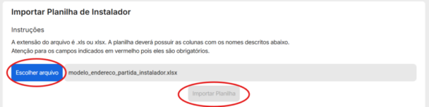 Após fazer o download de um modelo, preencha os campos da planilha conforme os dados da sua operação, retorne ao topo da página, clique em “Escolher arquivo”, selecione a planilha já preenchida e opte por “Importar Planilha”.